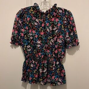 Catherine Malandrino Black Floral Multicolor Smocked Ruffle-Neck Top